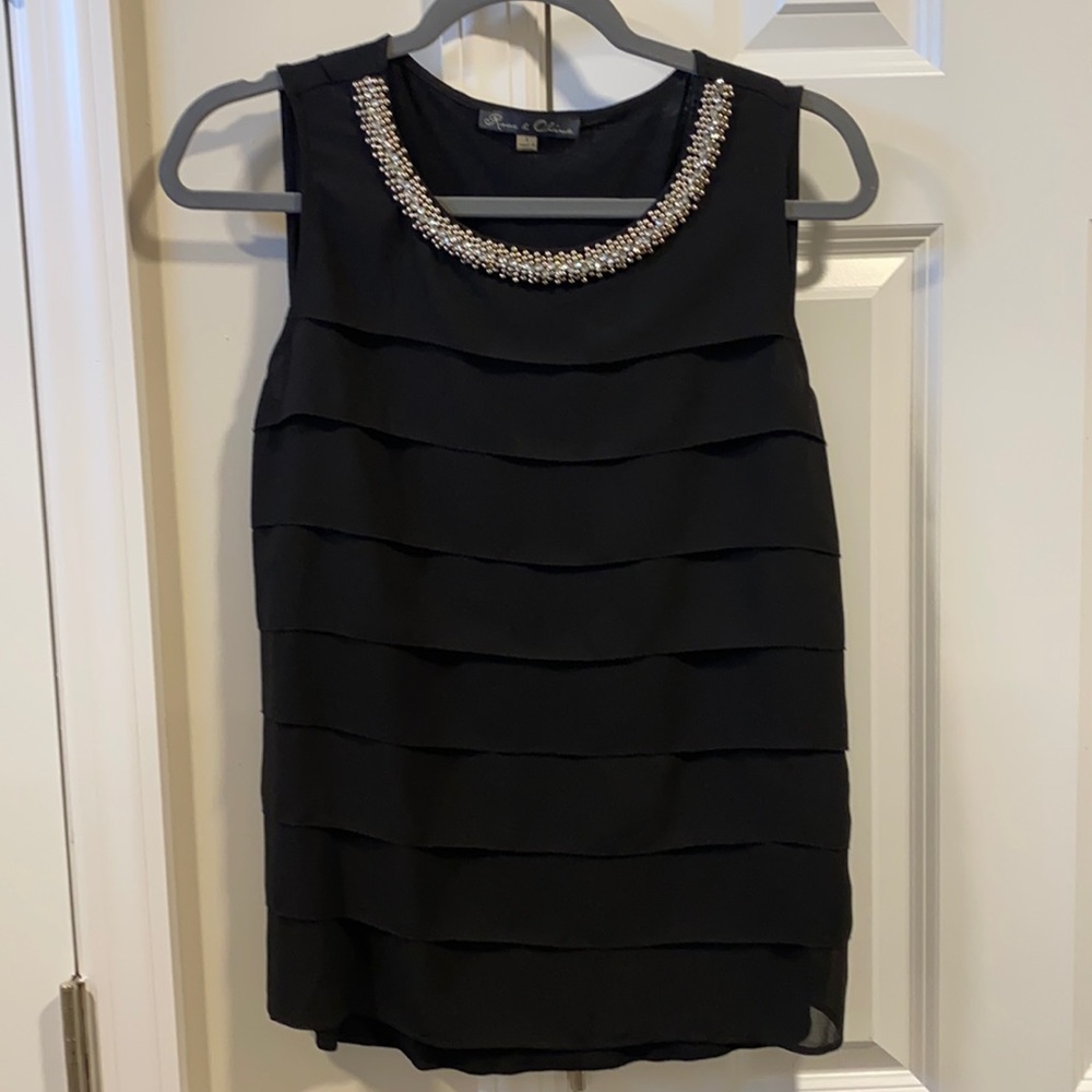 Sleeveless black tank, rhinestone neckline
